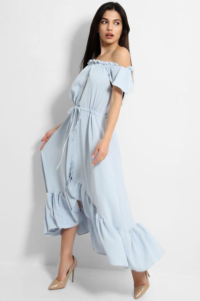 Blue Frilled Trims Off Shoulder Dip Hem Dress