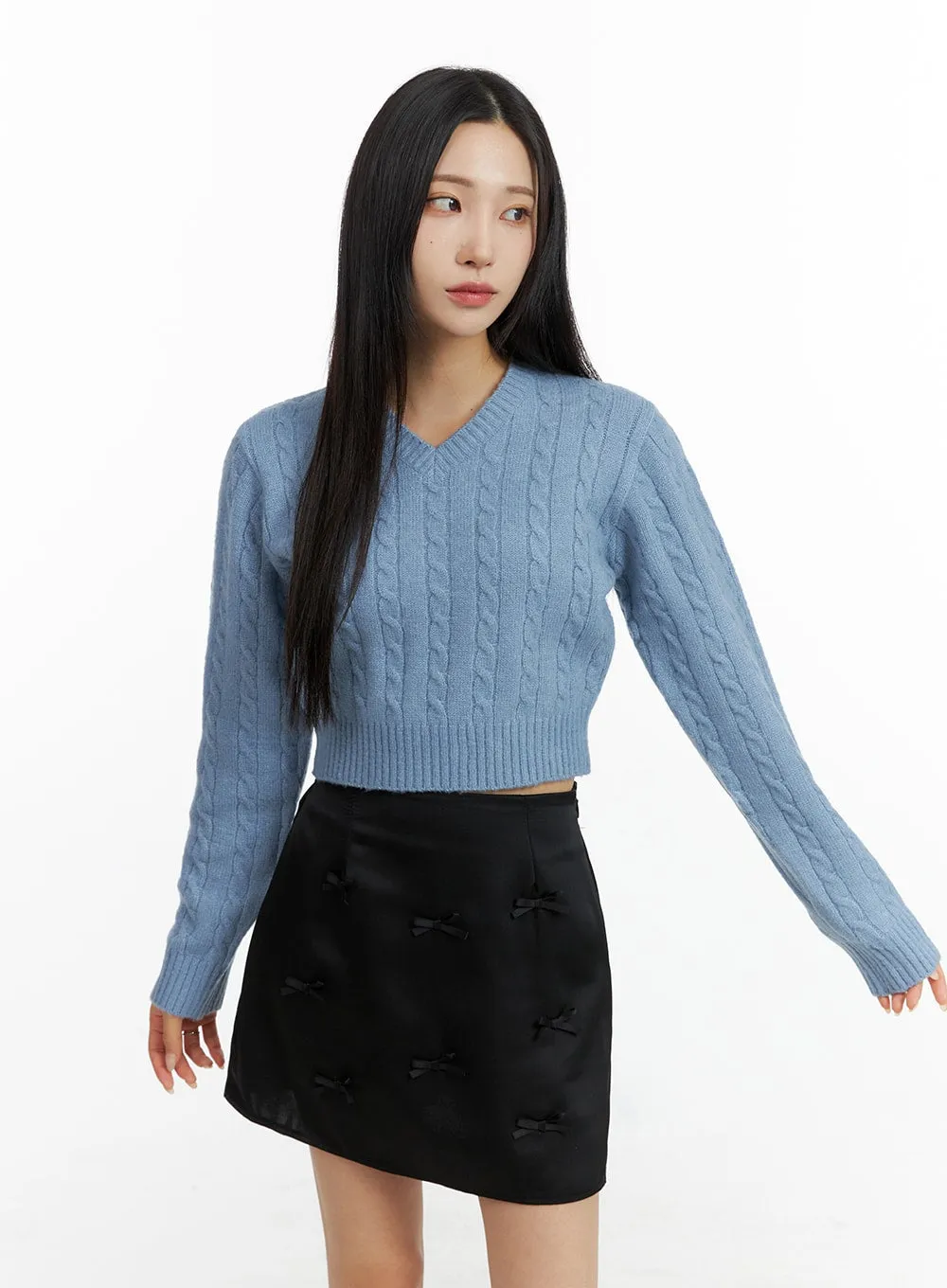 Cable Knit V-Neck Cropped Long Sleeve CF416