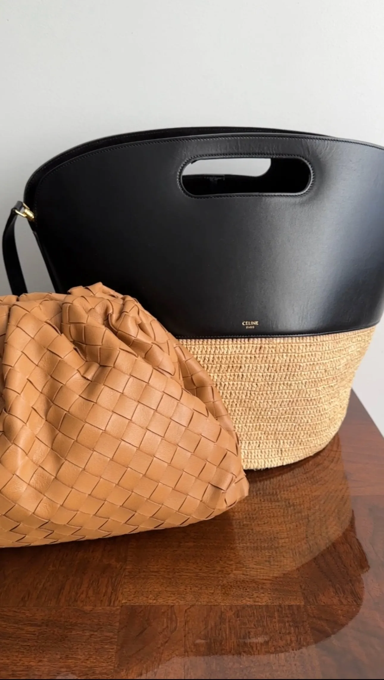 Celine Raffia and Black Leather Basket Bag with Strap