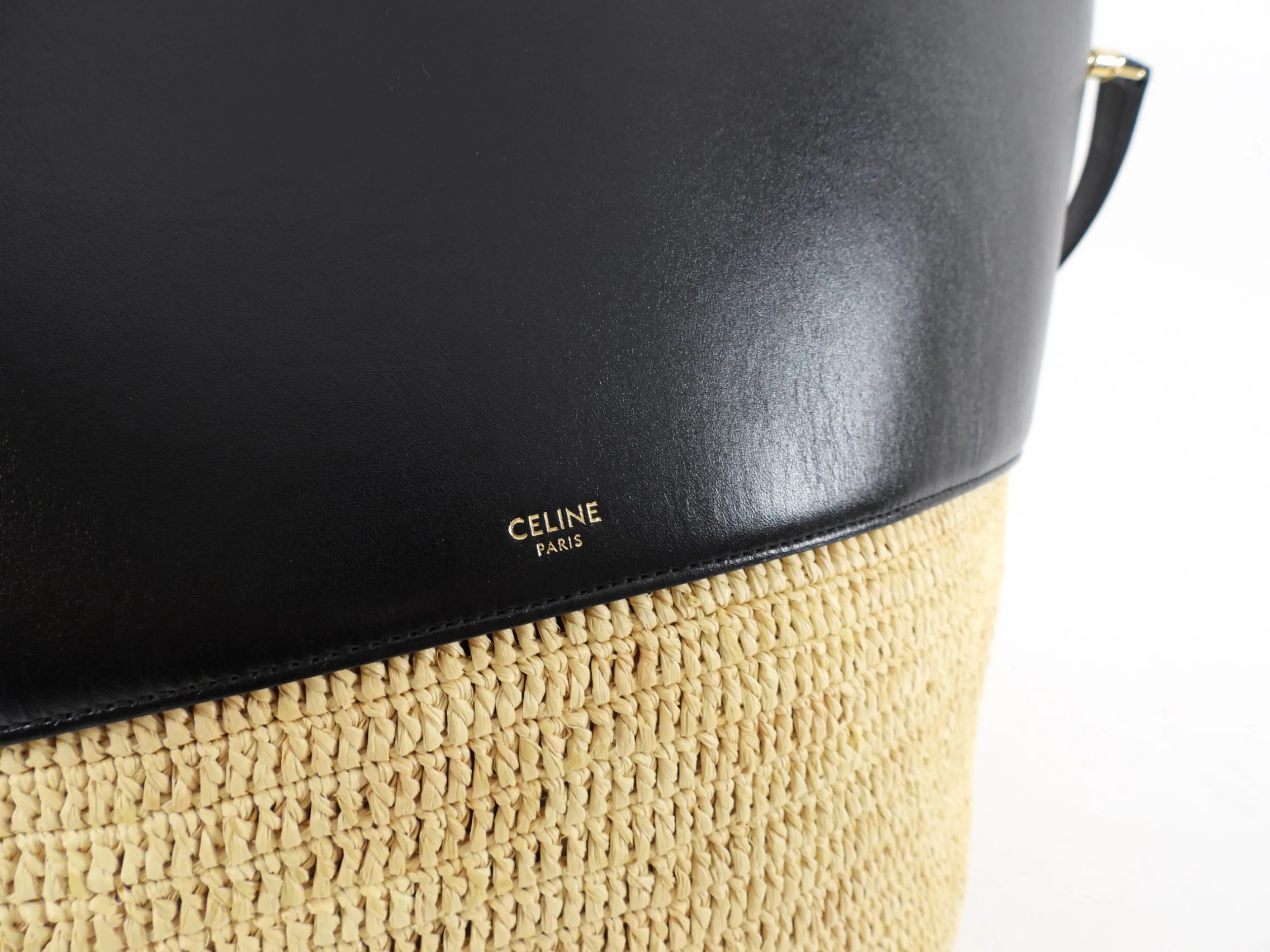 Celine Raffia and Black Leather Basket Bag with Strap