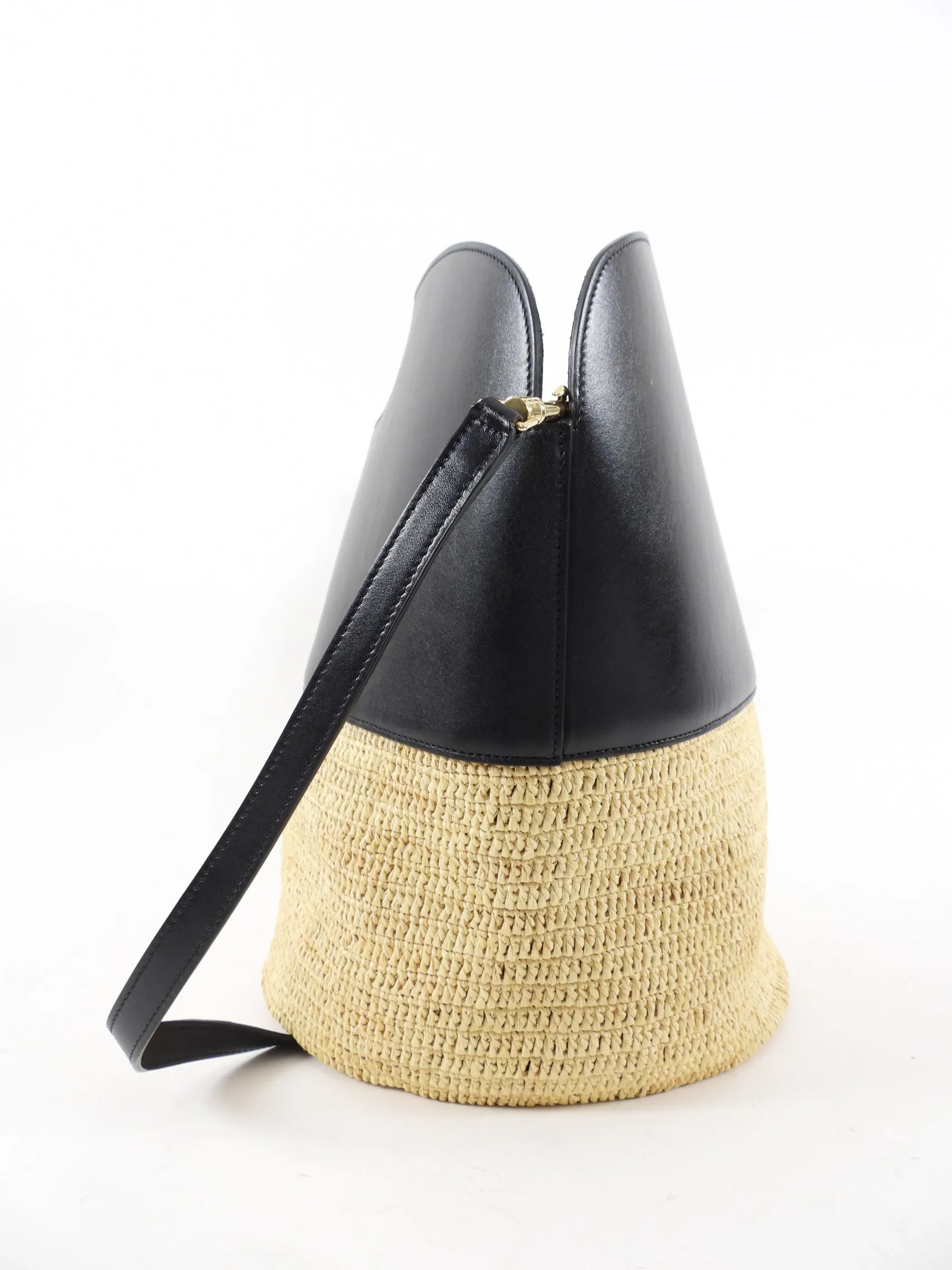 Celine Raffia and Black Leather Basket Bag with Strap