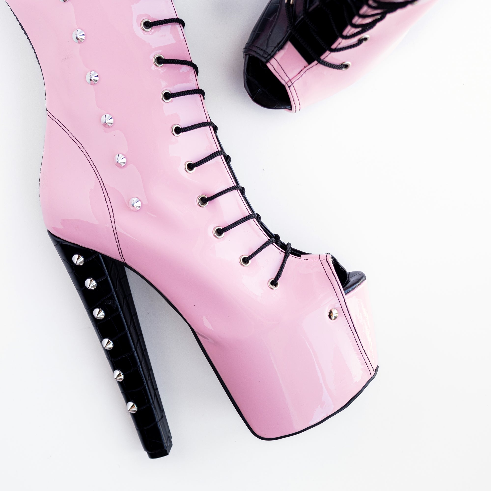 Double Coloured Pink Black Spiked Mid Calf Boots