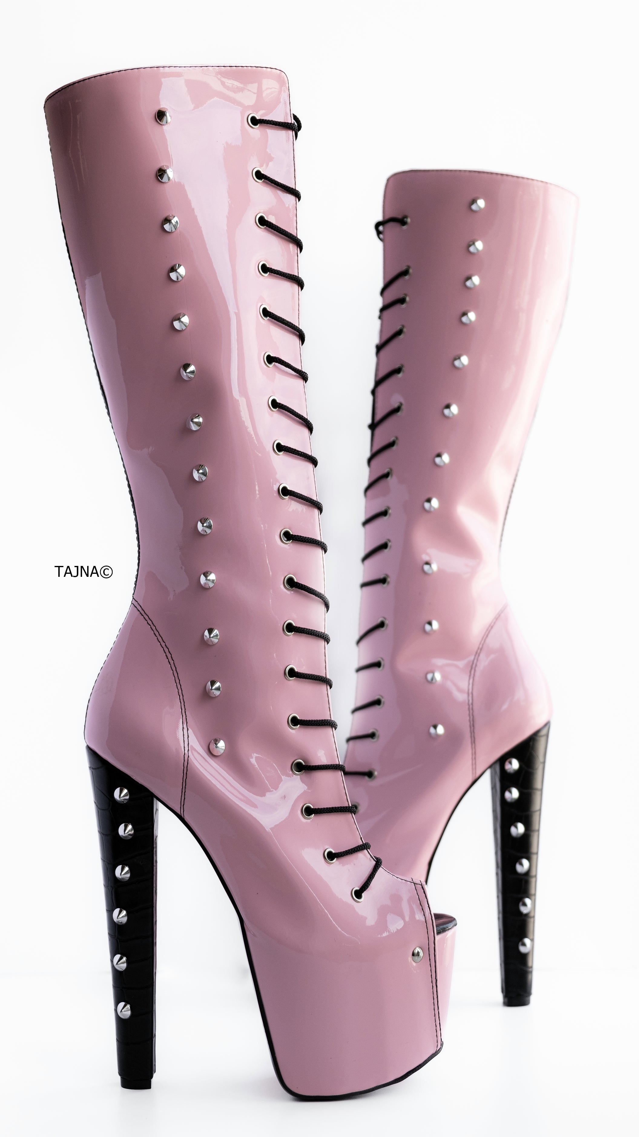 Double Coloured Pink Black Spiked Mid Calf Boots