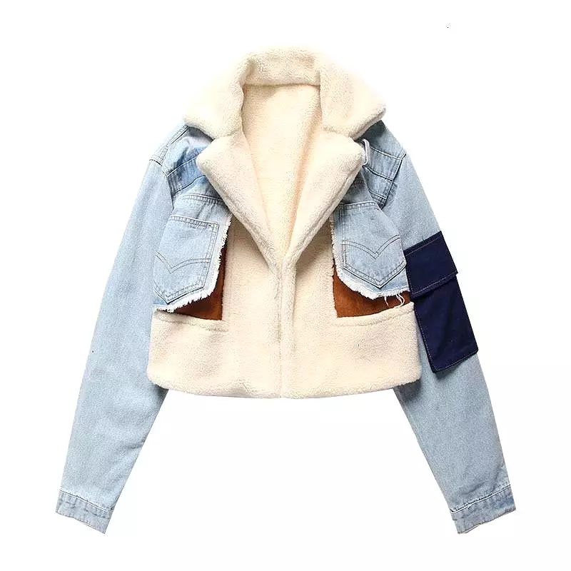 Faux Fur Collar Denim Jacket With Patches