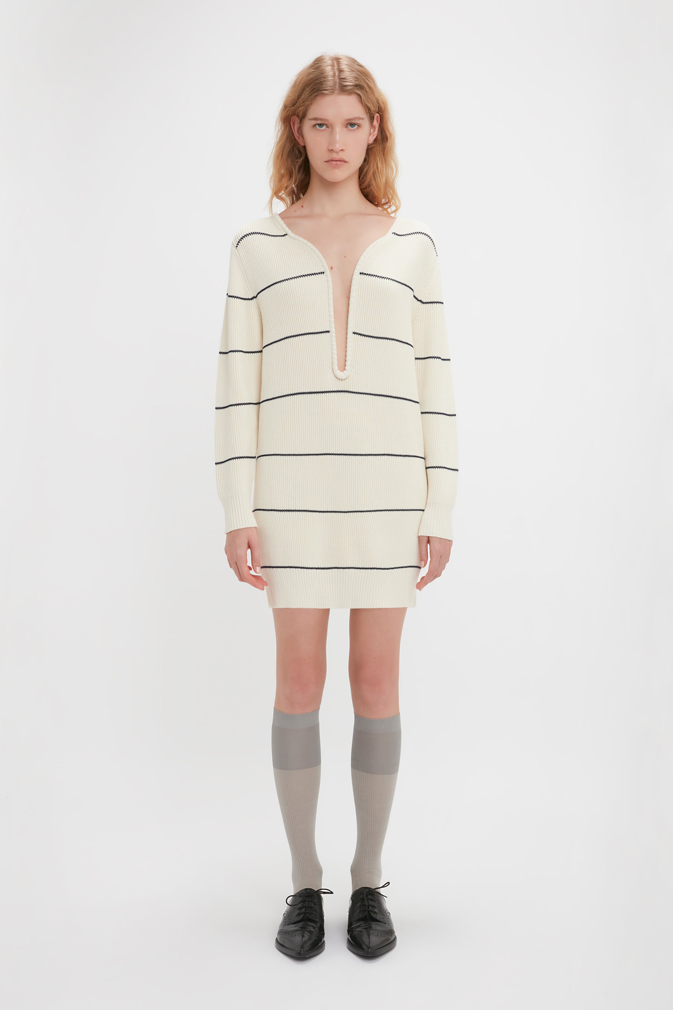 Frame Detail Jumper Dress In Natural-Navy