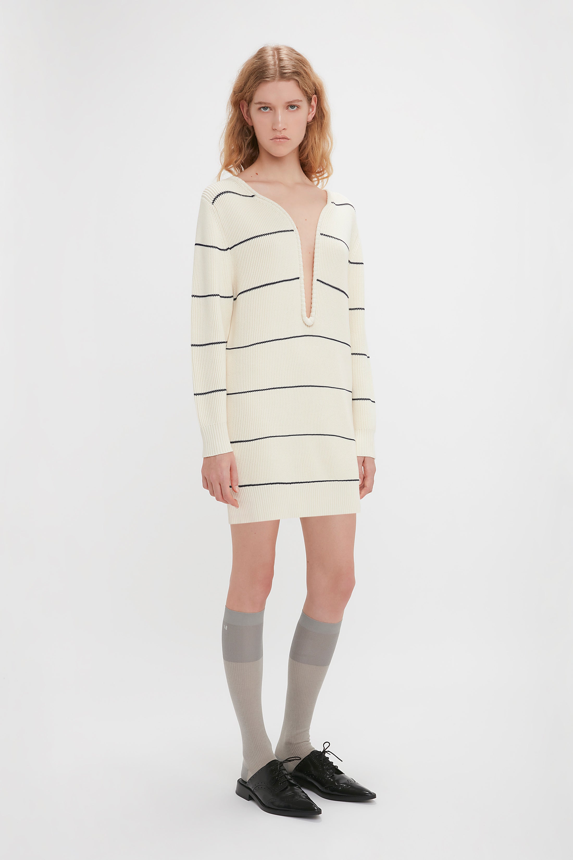 Frame Detail Jumper Dress In Natural-Navy