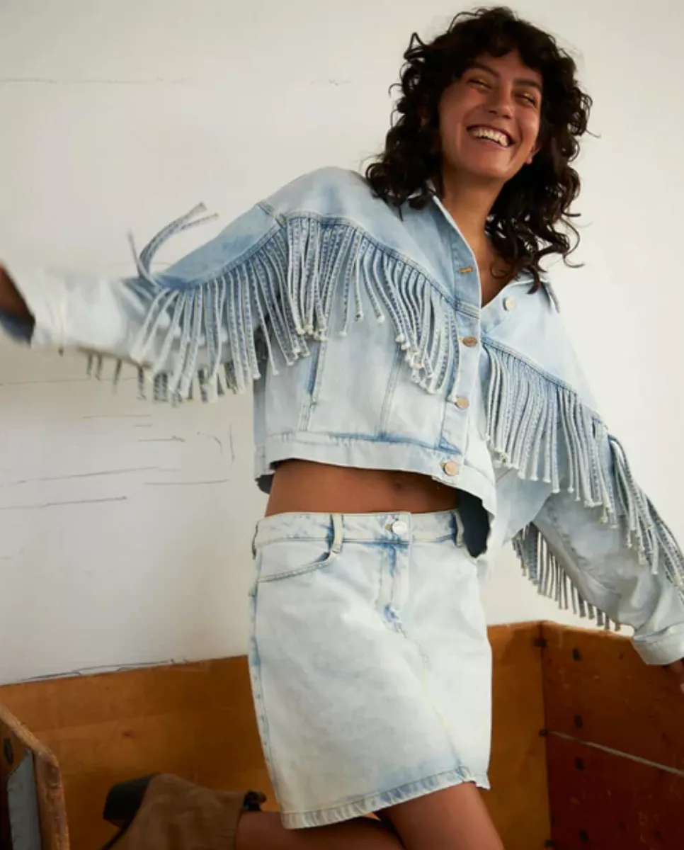 Fringed Denim Jacket Soft Sky