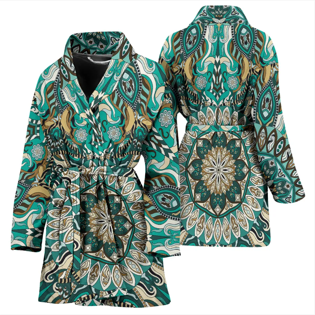 Luxury Colorful Green Mandala Art Design Women's Bath Robe