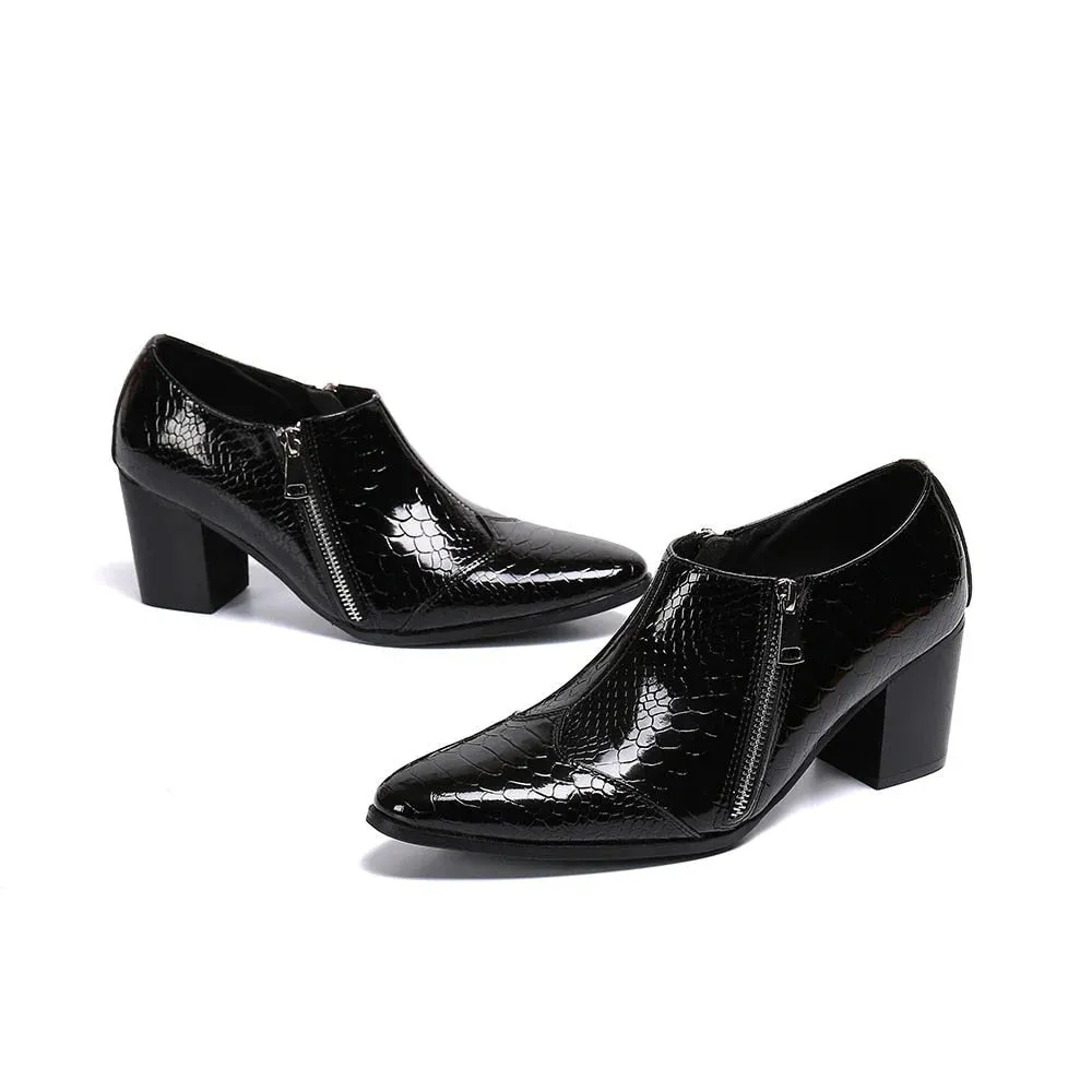 Men's Black Genuine Leather Pointed-Toe Zipper High-Heel Dress Shoes