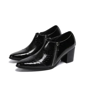 Men's Black Genuine Leather Pointed-Toe Zipper High-Heel Dress Shoes