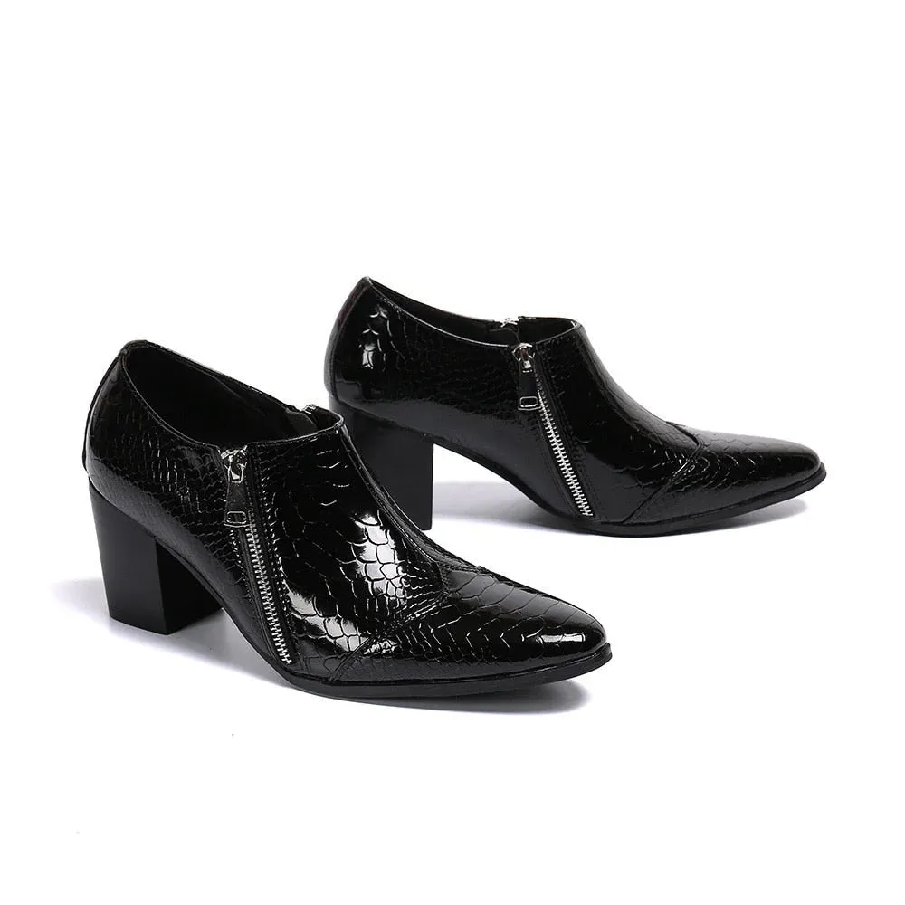 Men's Black Genuine Leather Pointed-Toe Zipper High-Heel Dress Shoes