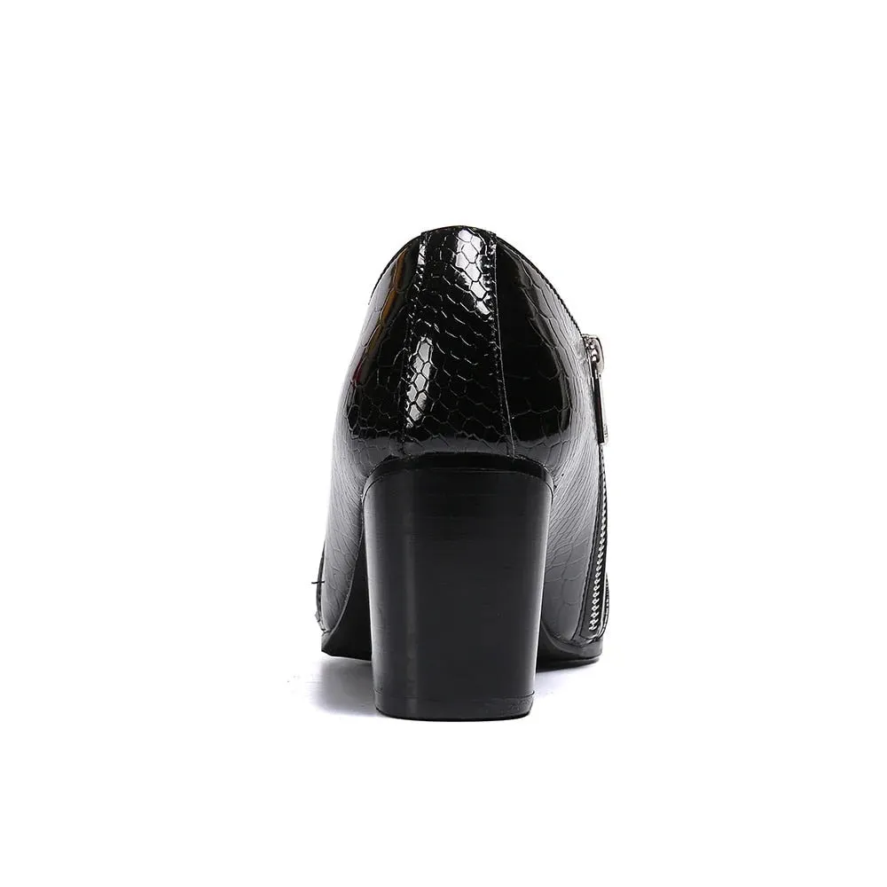 Men's Black Genuine Leather Pointed-Toe Zipper High-Heel Dress Shoes