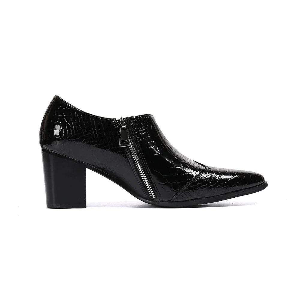 Men's Black Genuine Leather Pointed-Toe Zipper High-Heel Dress Shoes