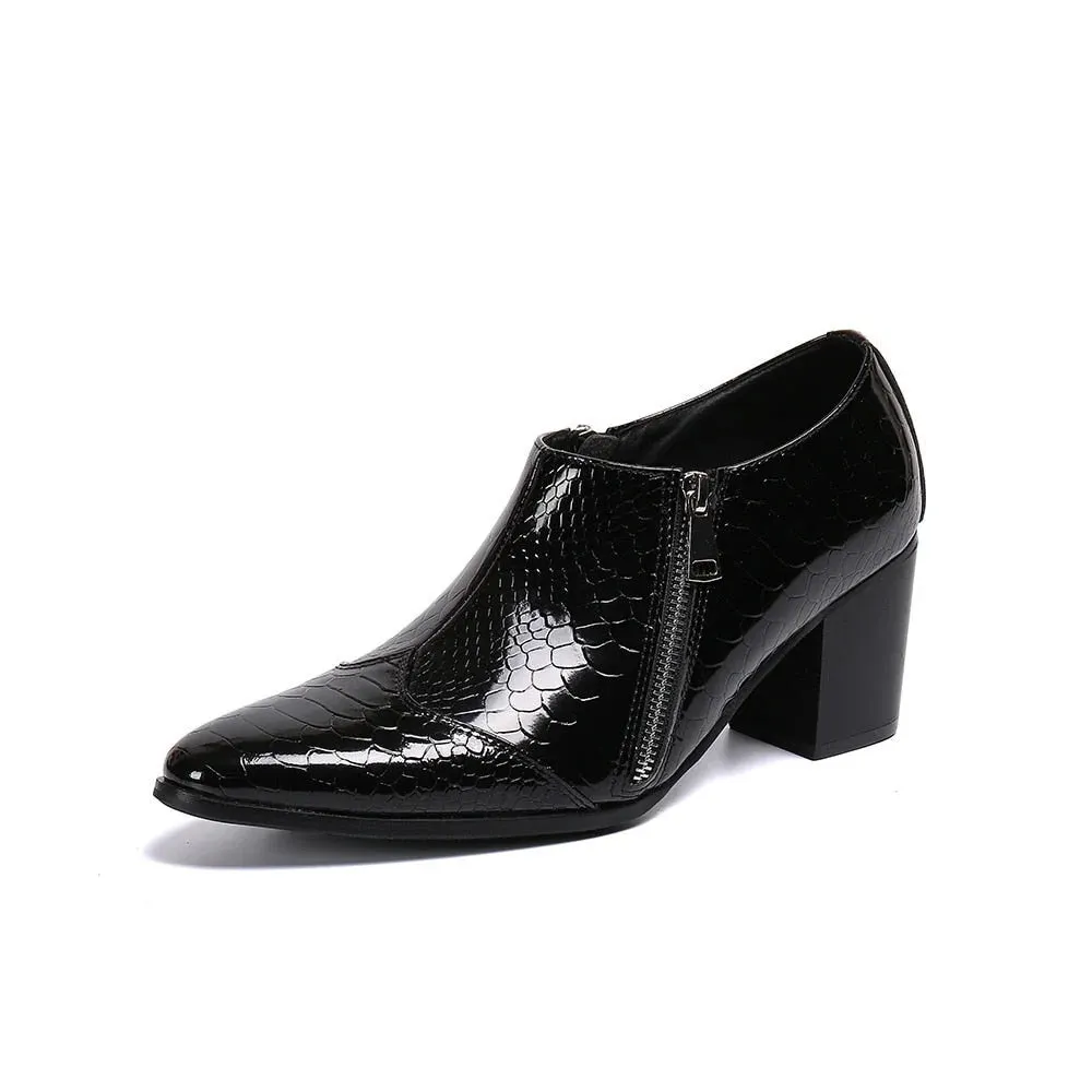 Men's Black Genuine Leather Pointed-Toe Zipper High-Heel Dress Shoes