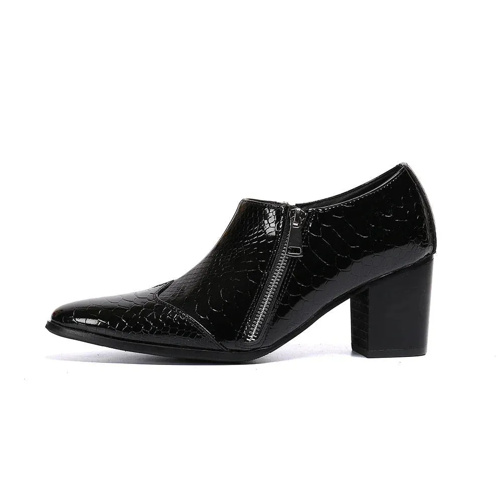 Men's Black Genuine Leather Pointed-Toe Zipper High-Heel Dress Shoes