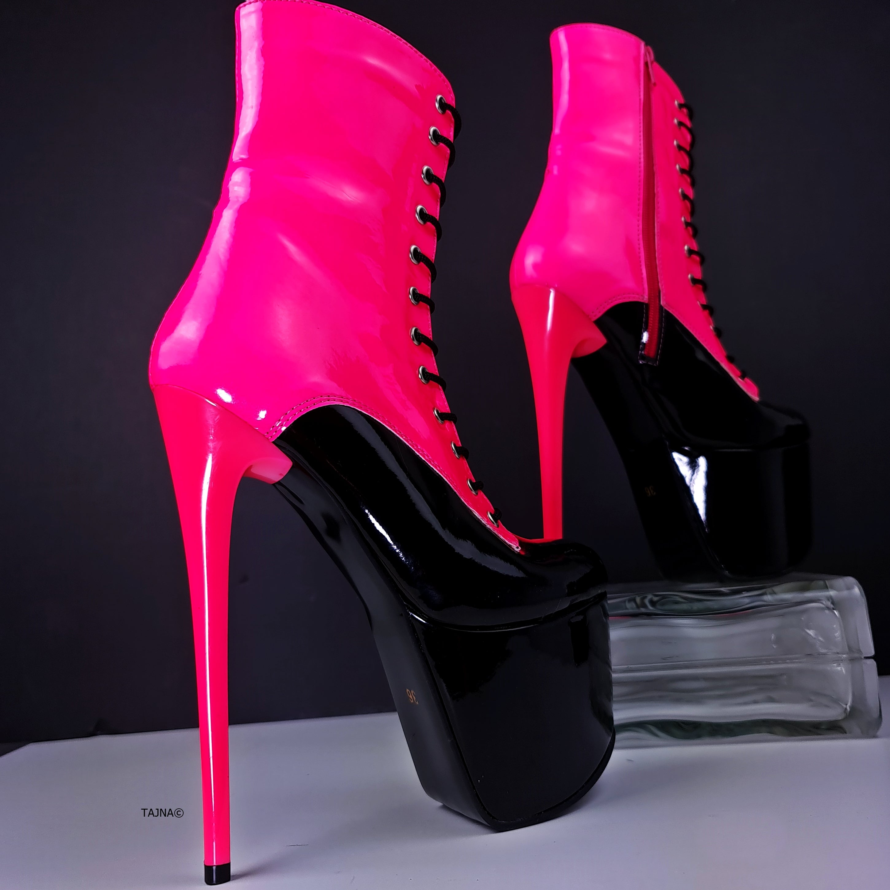 Multi Colour Neon Pink Black Gloss Lace Up Boots