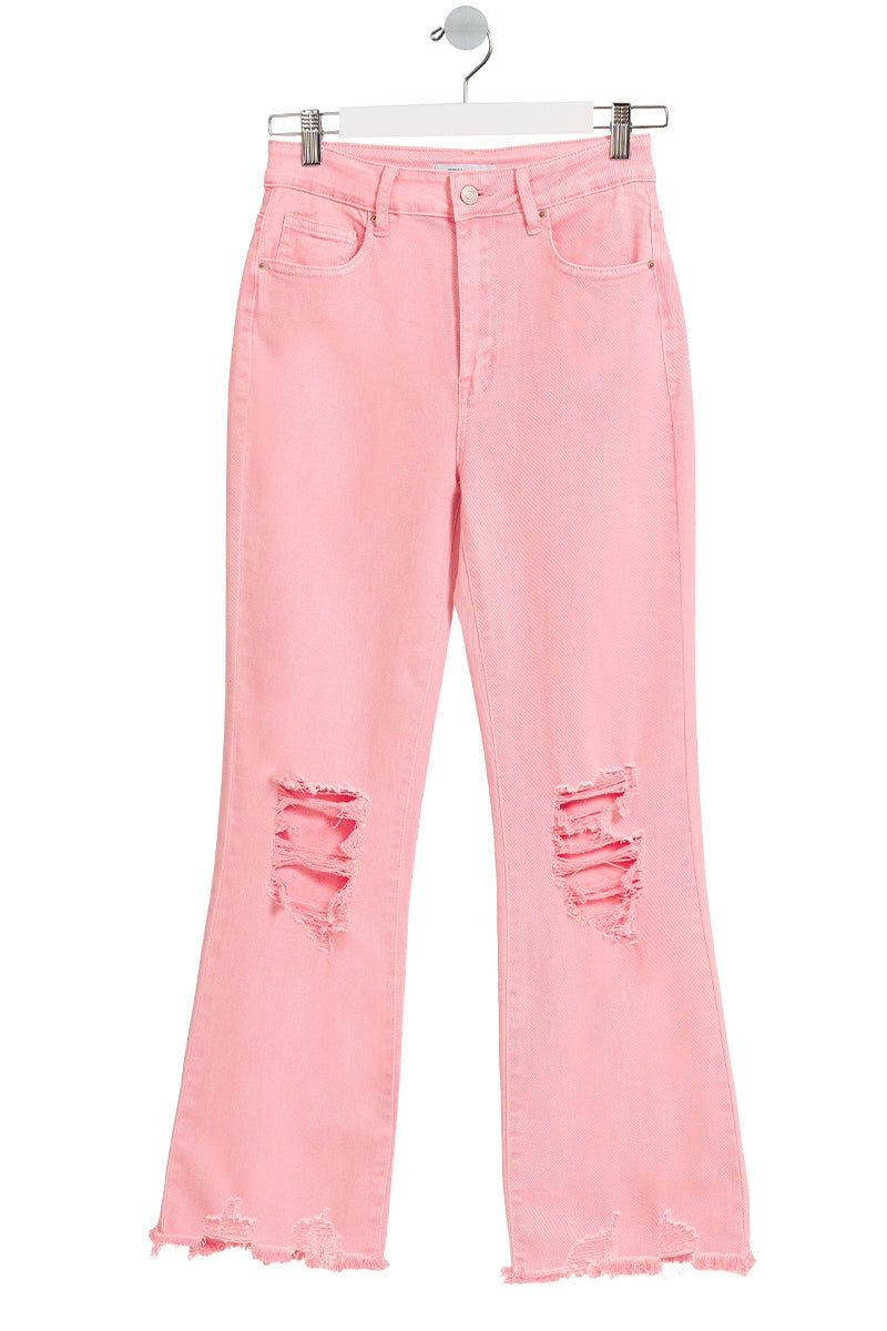 Posey High Waist Destroyed Acid Wash Pants in Pink