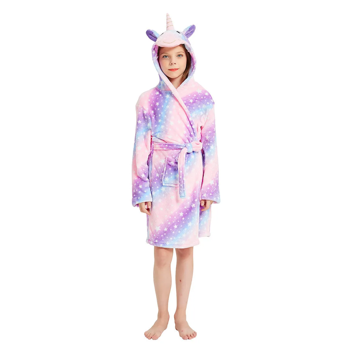 Purple Galaxy Striped Unicorn Kids Bathrobe