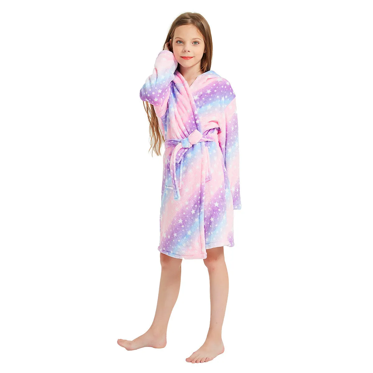 Purple Galaxy Striped Unicorn Kids Bathrobe