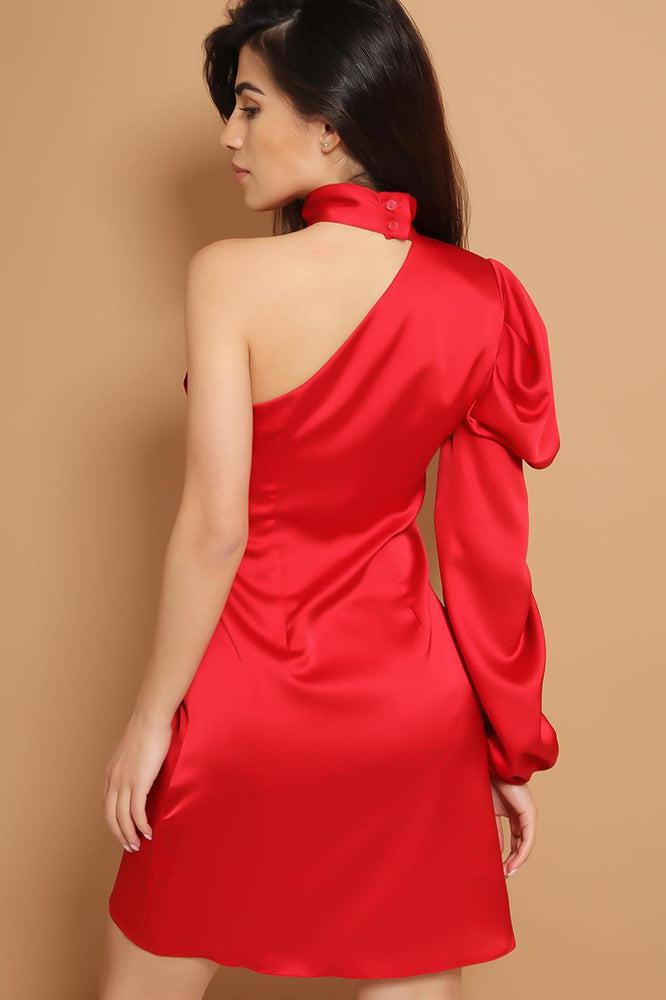 Red One Sleeve Chocker Neck Satin Dress