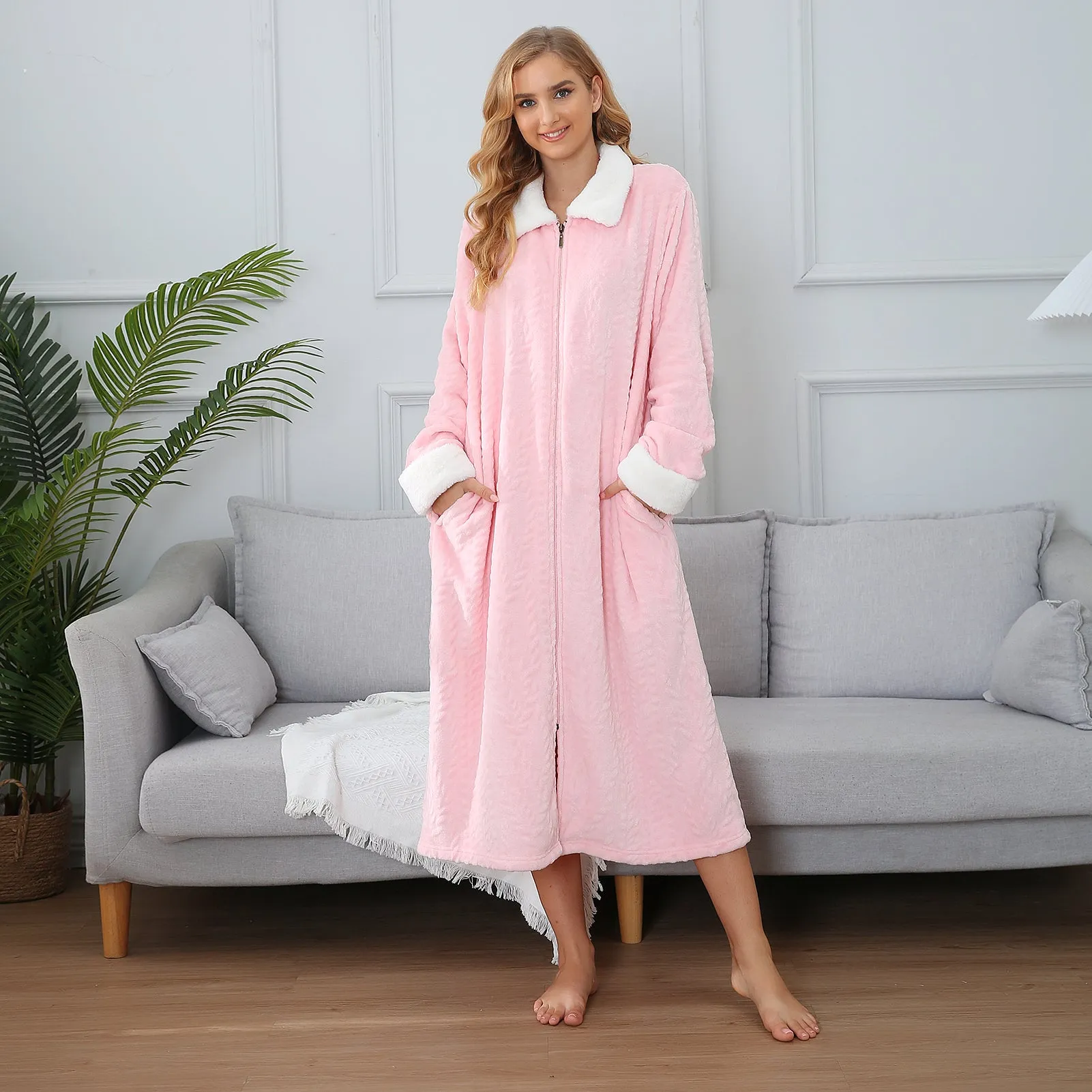 RH Women's Full Front Zip Up Fleece Robe, Casual Nights Housecoat Warm Oversize Bathrobe RHW4047