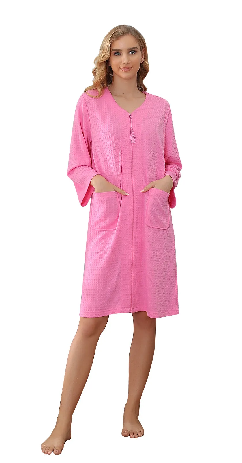 RH Womens Zipper Robes Half Sleeve Zip Front Knee Length Housecoat Dress RHW4010