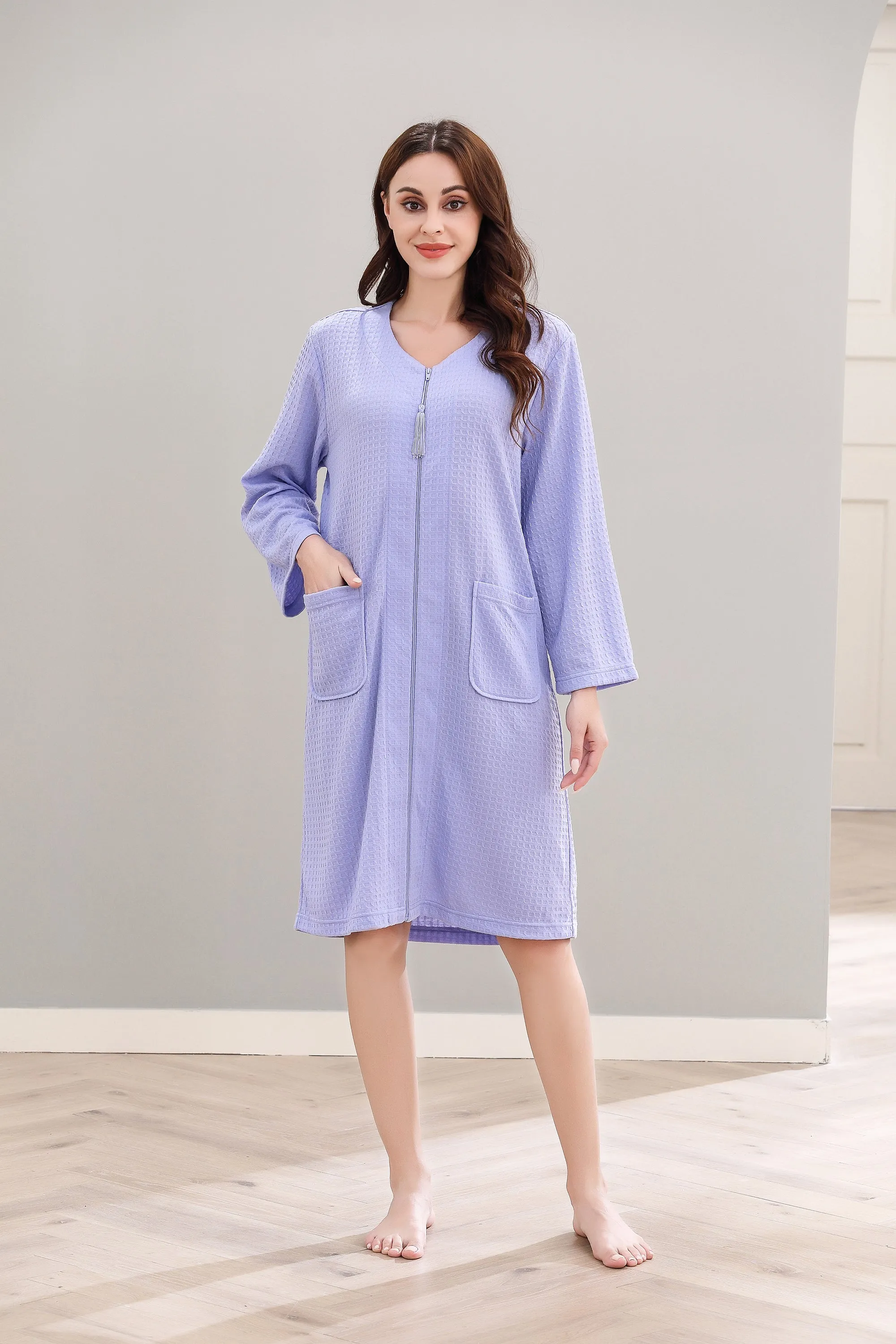 RH Womens Zipper Robes Half Sleeve Zip Front Knee Length Housecoat Dress RHW4010