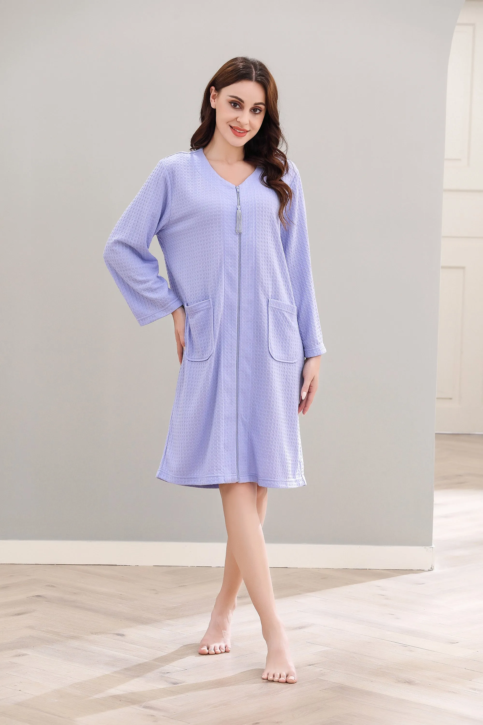 RH Womens Zipper Robes Half Sleeve Zip Front Knee Length Housecoat Dress RHW4010