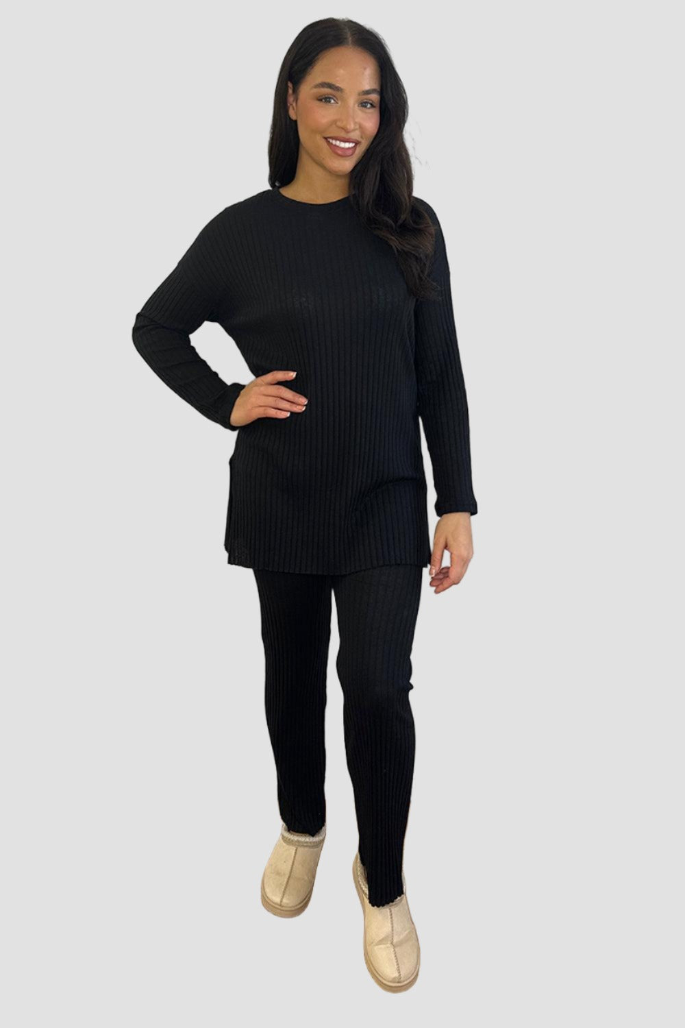 Ribbed Jersey High Neck Tunic And Trousers Set