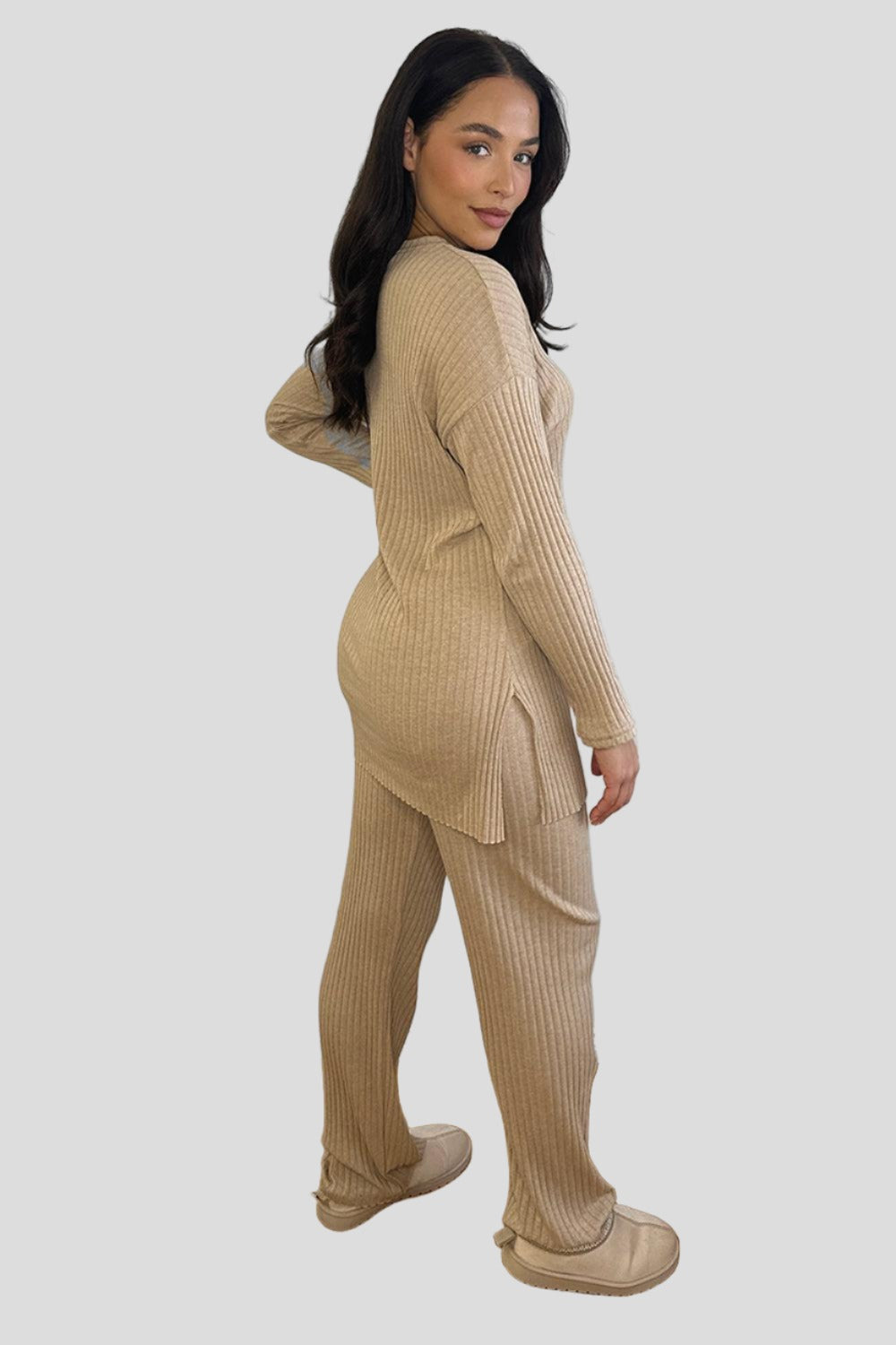 Ribbed Jersey High Neck Tunic And Trousers Set