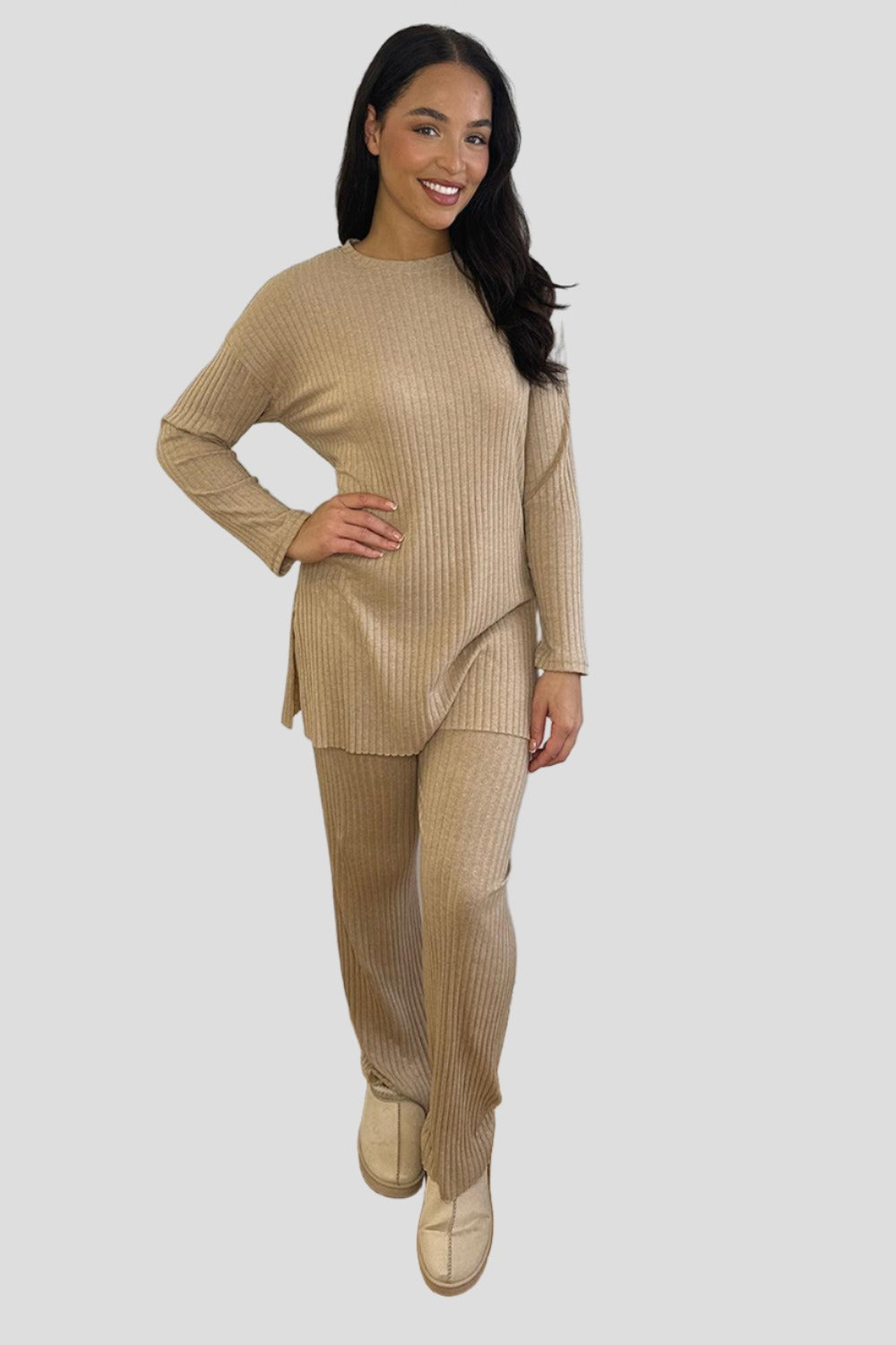 Ribbed Jersey High Neck Tunic And Trousers Set