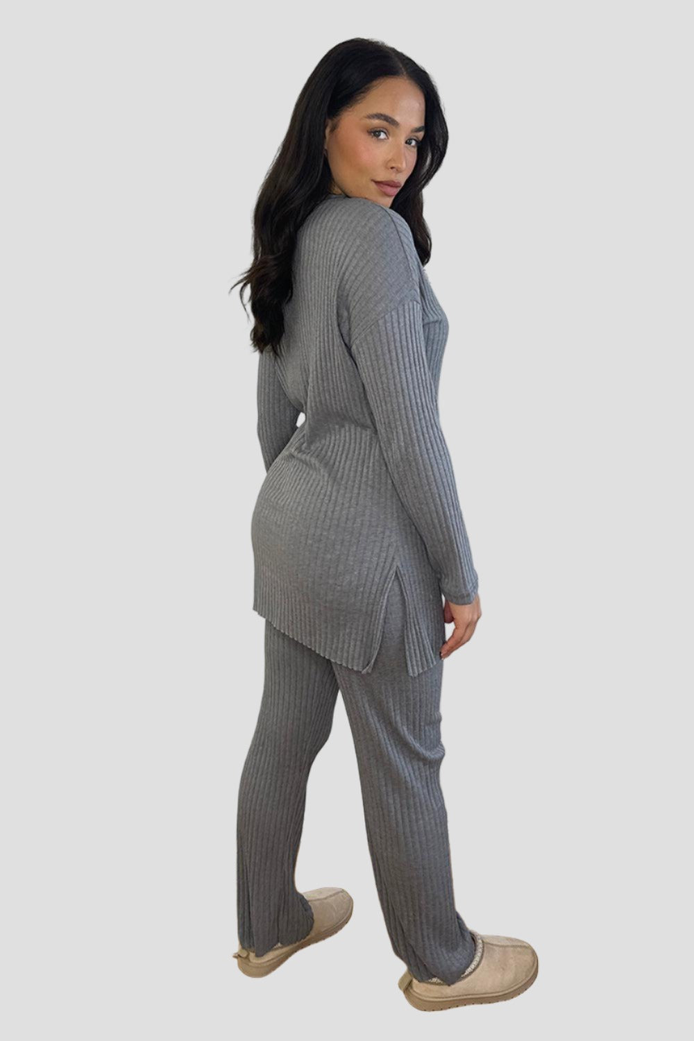 Ribbed Jersey High Neck Tunic And Trousers Set