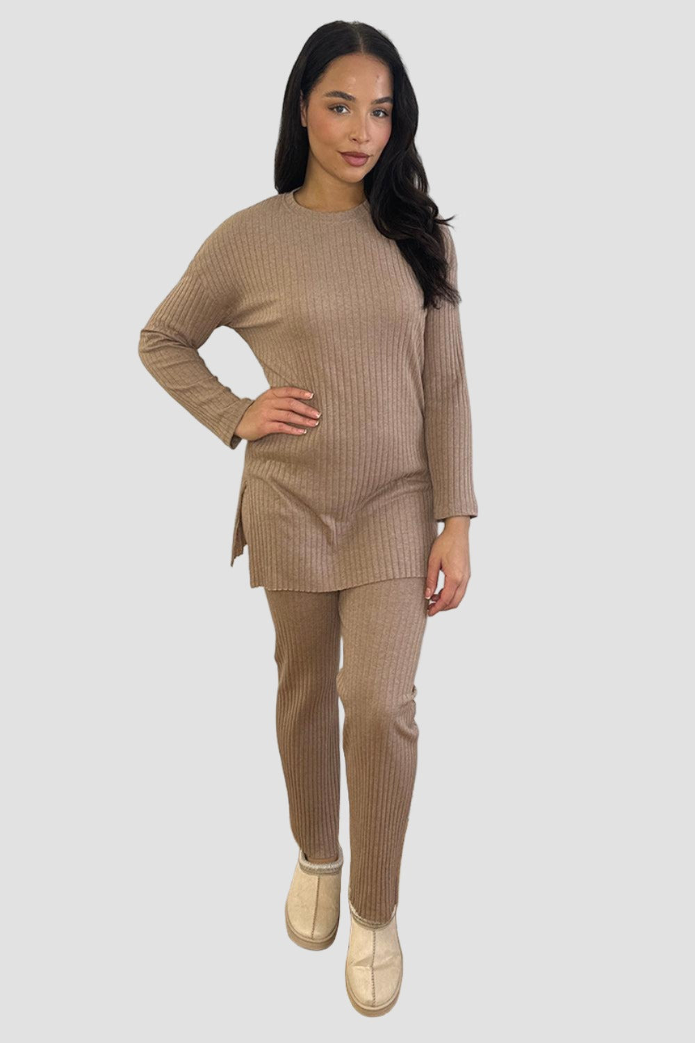 Ribbed Jersey High Neck Tunic And Trousers Set