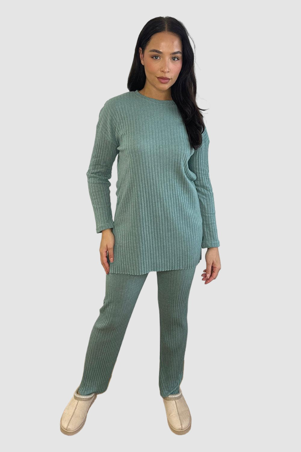 Ribbed Jersey High Neck Tunic And Trousers Set