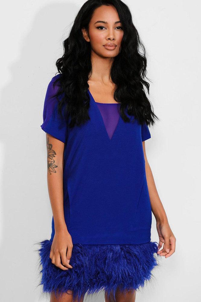 Royal Blue Mesh V-Neck Faux Fur Trim Dress