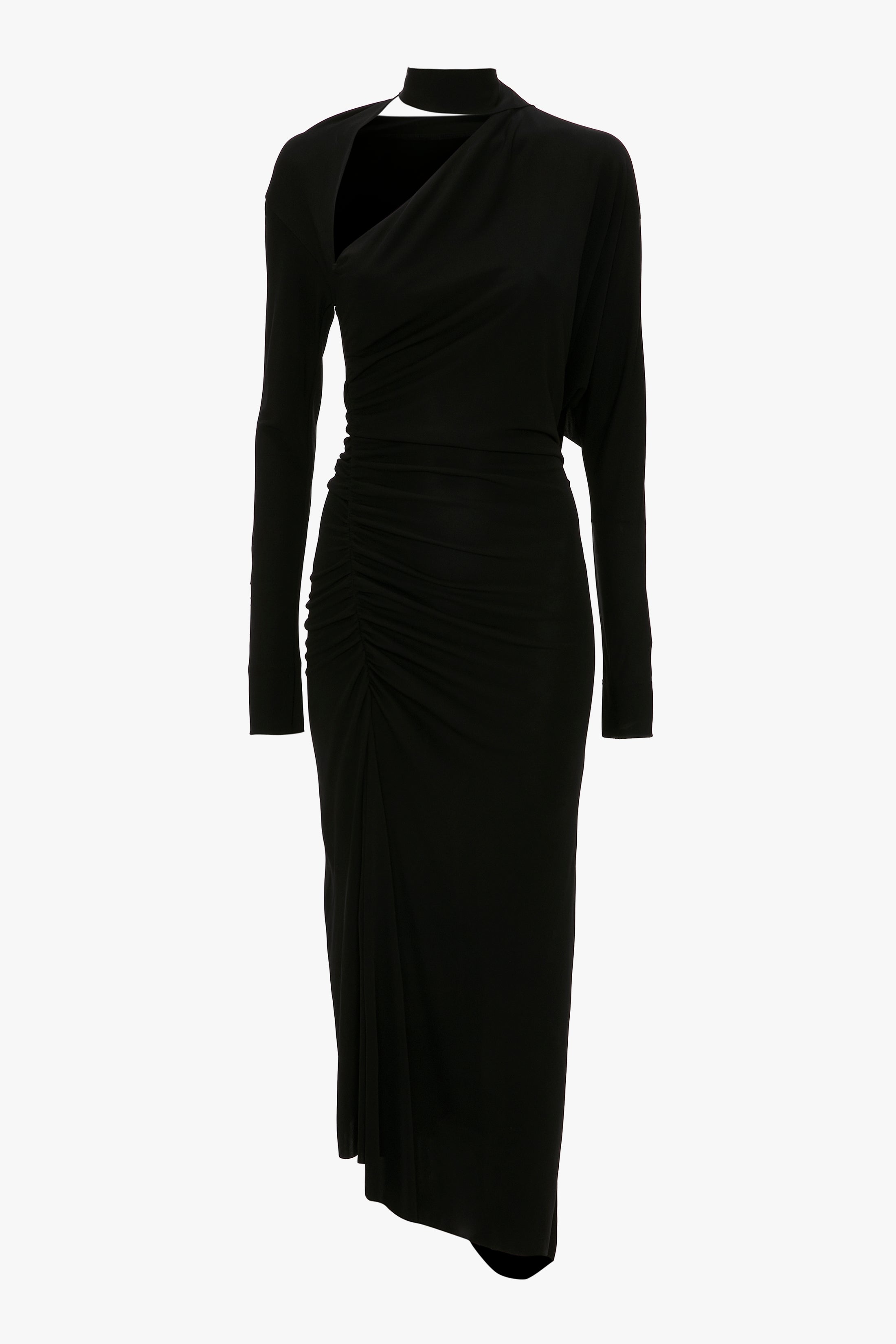 Slash-Neck Ruched Midi Dress In Black