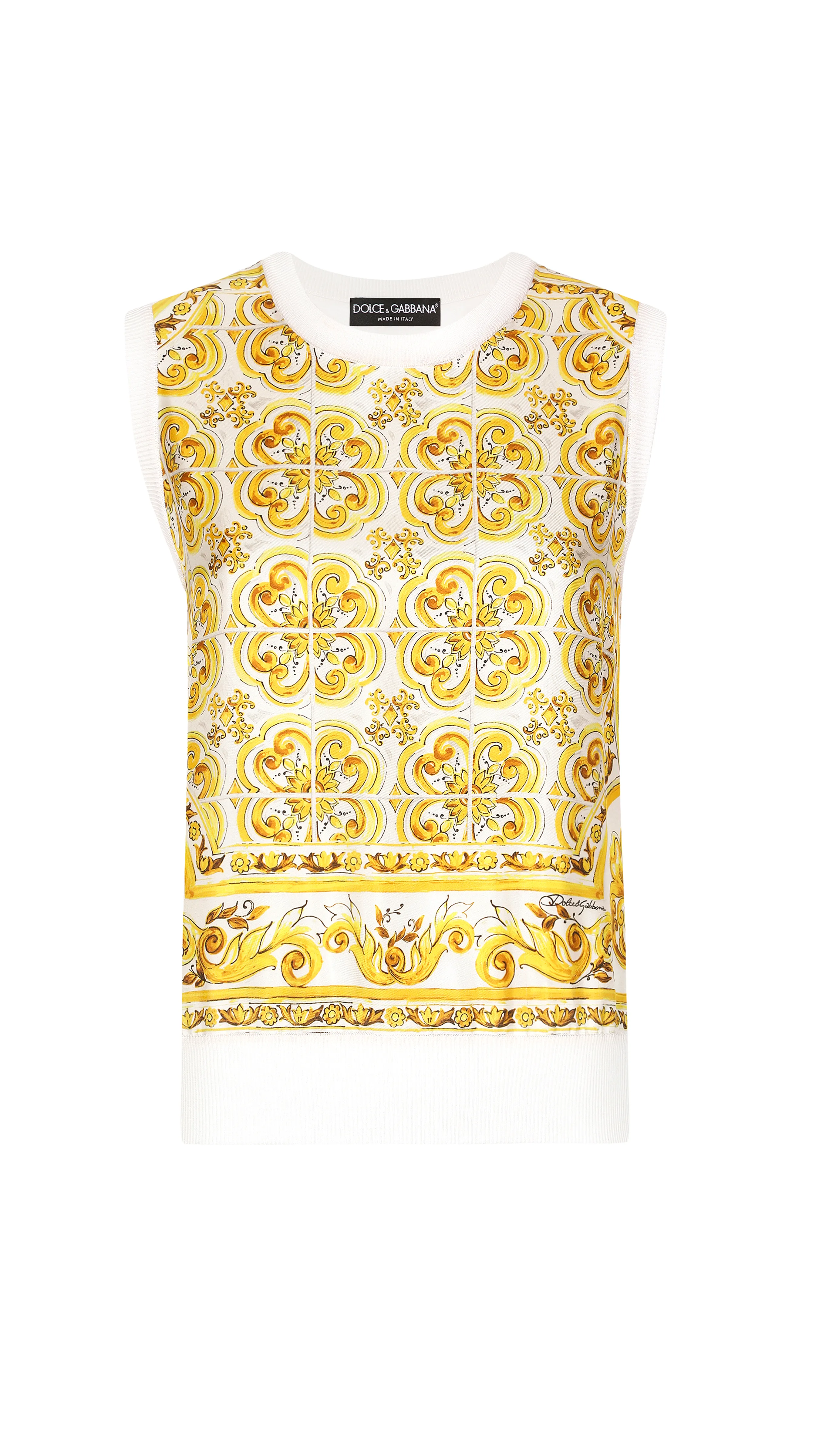 Sleeveless Silk Sweater With Majolica-print Silk Twill Panel On The Front - Yellow