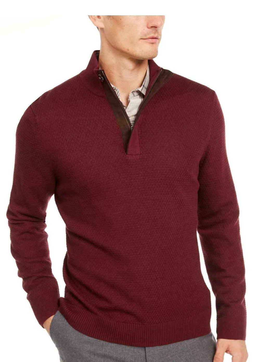 Tasso Elba Men's Supima Cotton Textured 1/4-Zip Sweater Brown Size Large