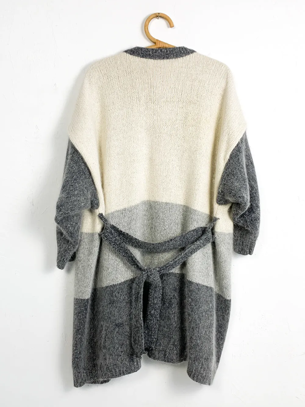 White and Grey Colorblocked Wool Belted Cardigan