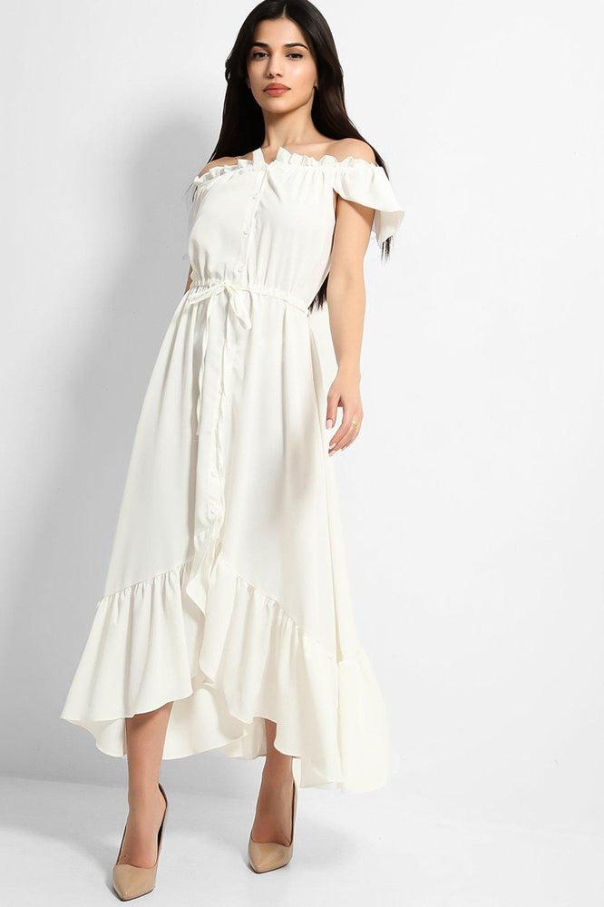 White Frilled Trims Off Shoulder Dip Hem Dress