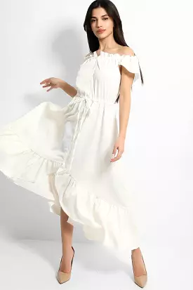 White Frilled Trims Off Shoulder Dip Hem Dress