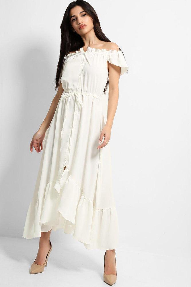 White Frilled Trims Off Shoulder Dip Hem Dress