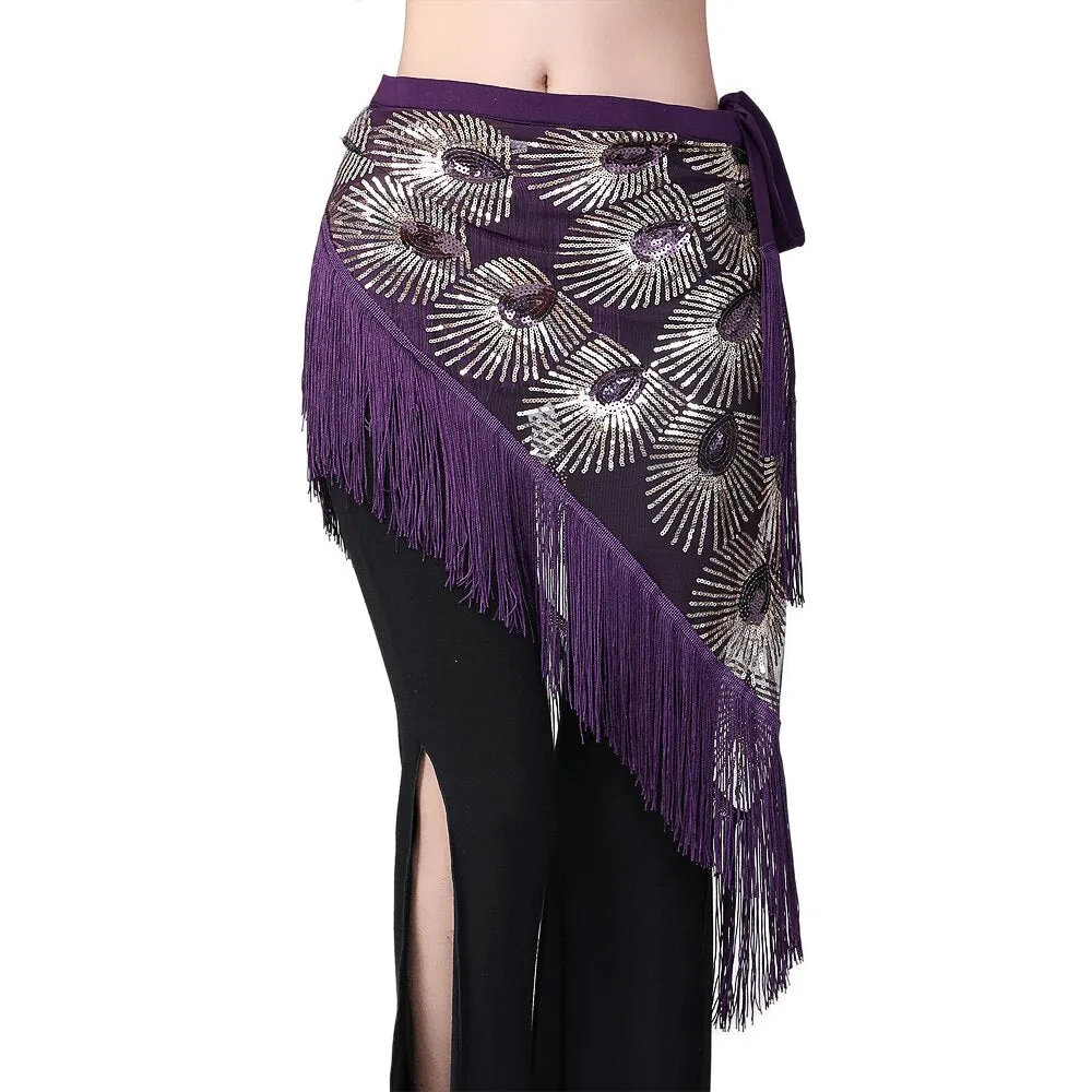 Women Belly Dance Hip Scarf Shiny Sequins Mesh Triangle Wrap Skirts Dance Peformance Self-tie Waist Belt Costume Accessories