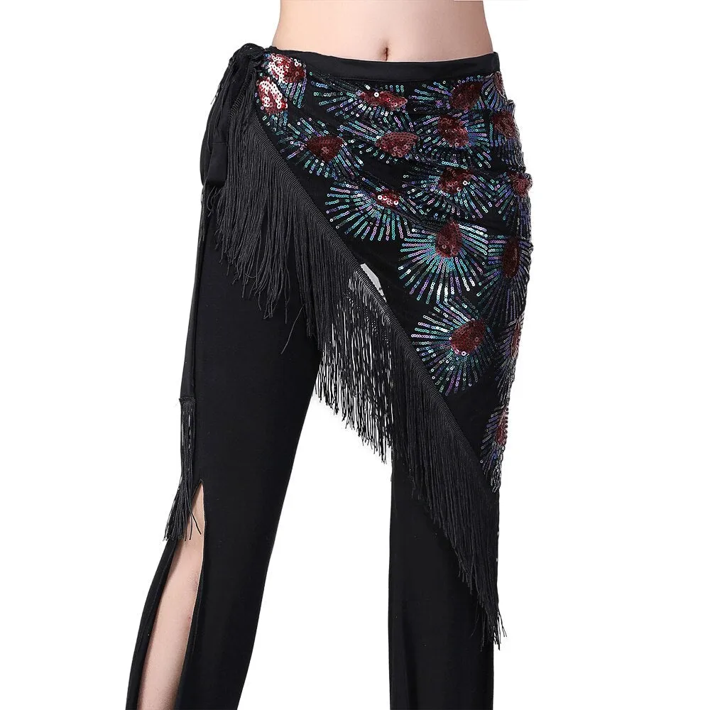 Women Belly Dance Hip Scarf Shiny Sequins Mesh Triangle Wrap Skirts Dance Peformance Self-tie Waist Belt Costume Accessories