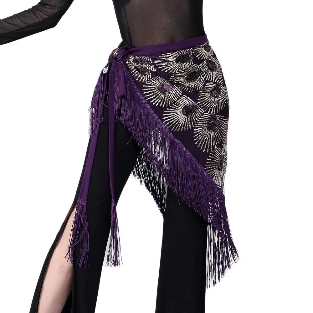 Women Belly Dance Hip Scarf Shiny Sequins Mesh Triangle Wrap Skirts Dance Peformance Self-tie Waist Belt Costume Accessories