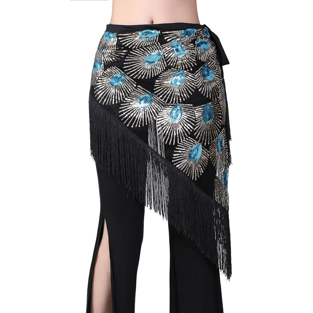 Women Belly Dance Hip Scarf Shiny Sequins Mesh Triangle Wrap Skirts Dance Peformance Self-tie Waist Belt Costume Accessories