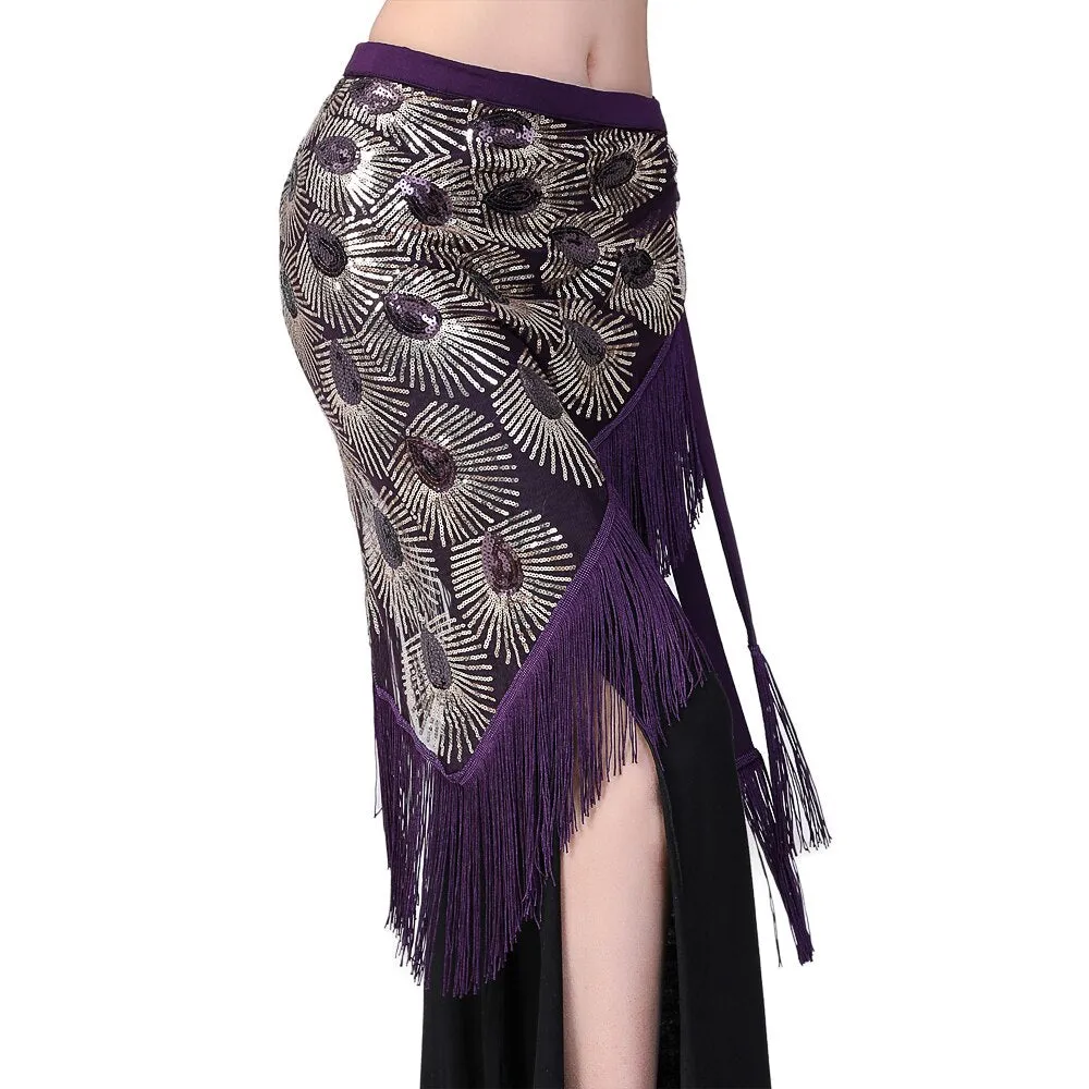 Women Belly Dance Hip Scarf Shiny Sequins Mesh Triangle Wrap Skirts Dance Peformance Self-tie Waist Belt Costume Accessories