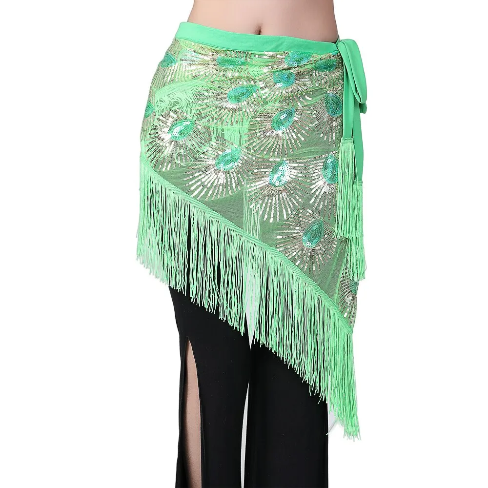 Women Belly Dance Hip Scarf Shiny Sequins Mesh Triangle Wrap Skirts Dance Peformance Self-tie Waist Belt Costume Accessories