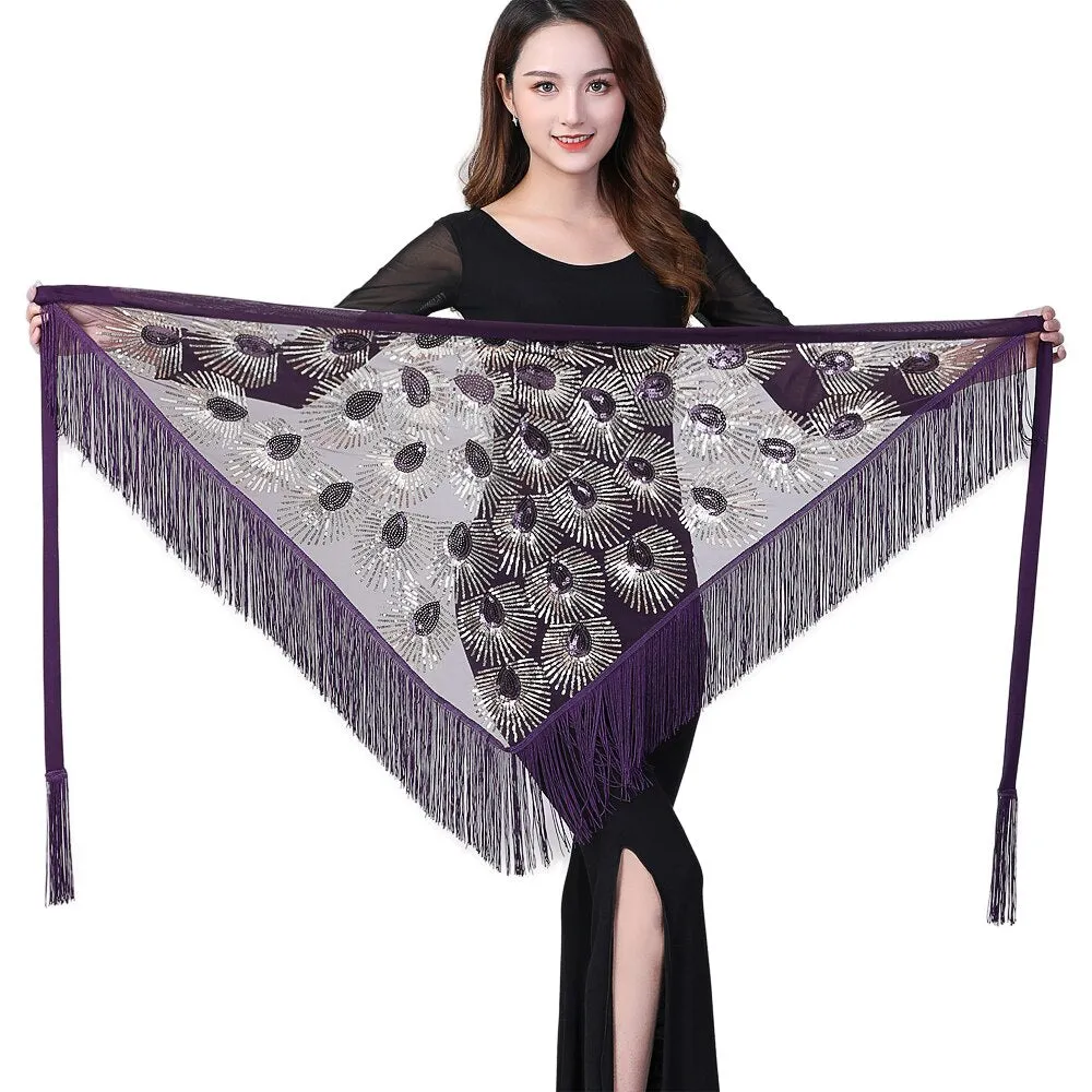 Women Belly Dance Hip Scarf Shiny Sequins Mesh Triangle Wrap Skirts Dance Peformance Self-tie Waist Belt Costume Accessories