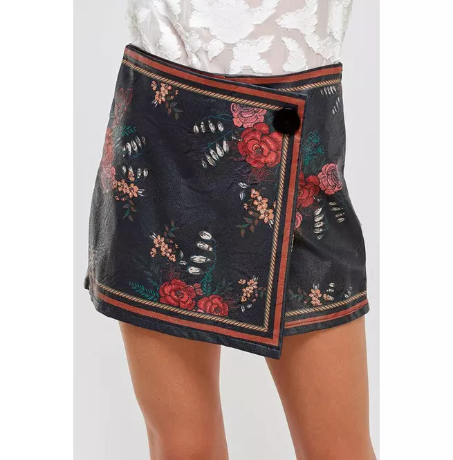 Women's Faux Leather Floral Wrap Skirts